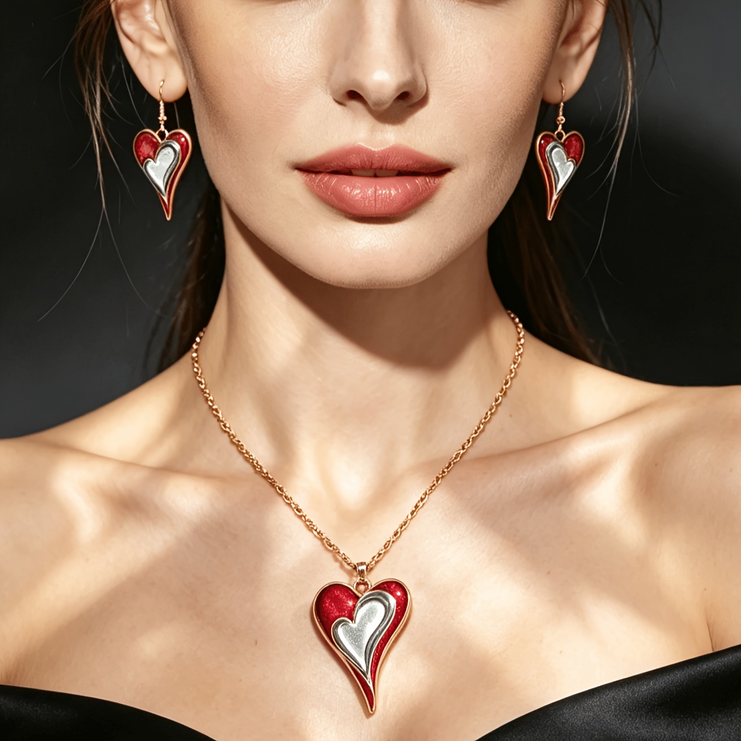 3pc Bohemian Y2K French Layered Heart Necklace & Earrings Set